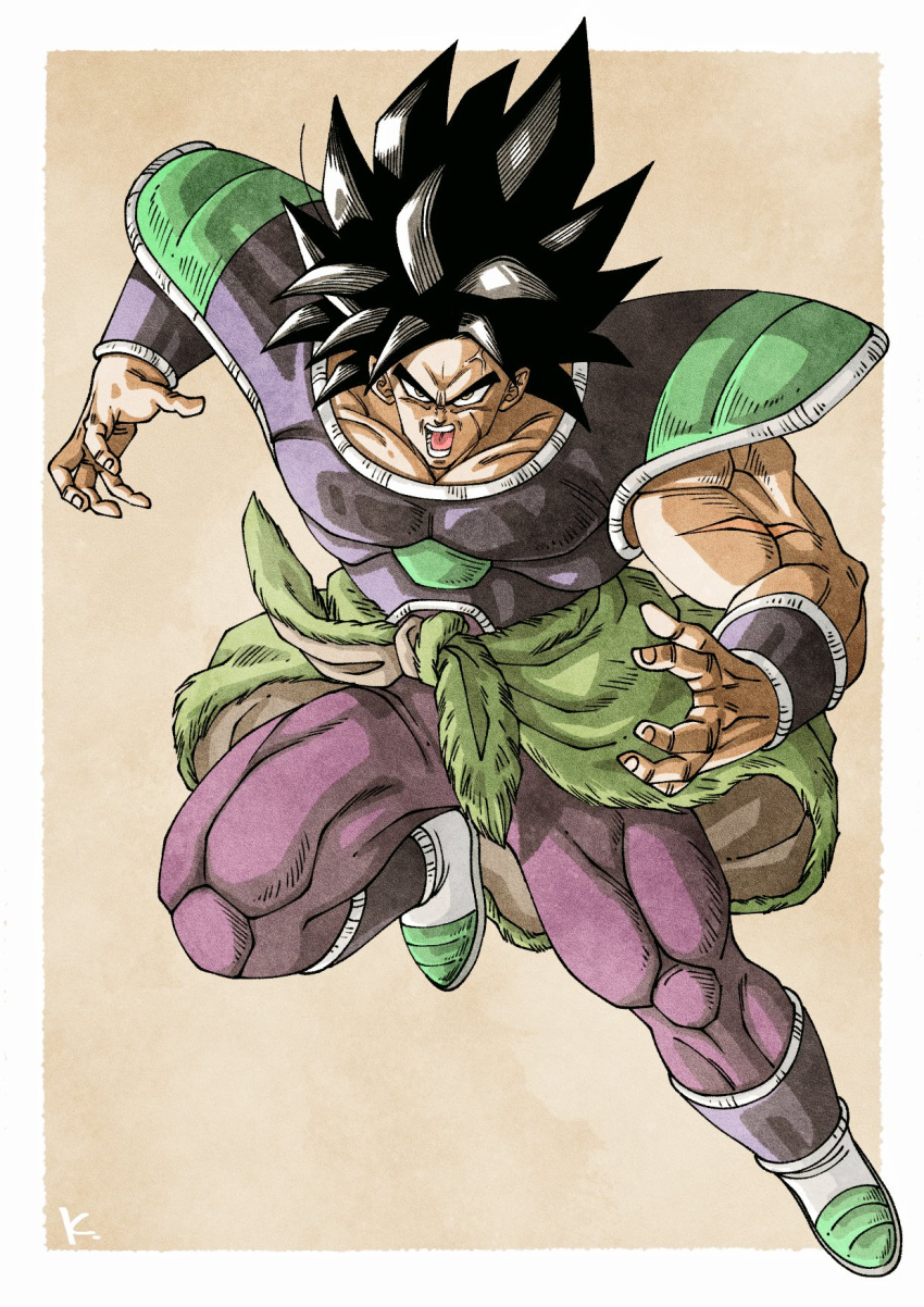 1boy armor black_hair broly_(dragon_ball_super) brown_eyes dragon_ball dragon_ball_super dragon_ball_super_broly full_body highres kakeru_(dbskakeru) looking_at_viewer muscular muscular_male open_mouth saiyan_armor simple_background solo spiked_hair teeth toriyama_akira_(style)