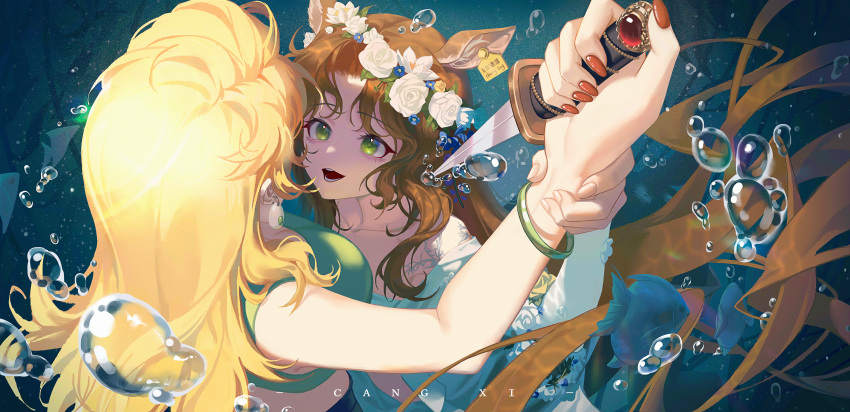2girls :d absurdres air_bubble animal_ears arm_up artist_name bare_arms blonde_hair blonney bracelet brown_hair bubble cangxi changeling_(reverse:1999) character_name deer_ears deer_girl ear_tag earrings face-to-face fish flower flower_wreath from_behind green_eyes grey_sports_bra hand_up head_wreath highres holding holding_another's_wrist holding_knife jewelry knife long_hair looking_at_another multiple_girls red_nails reverse:1999 rose shirt smile sports_bra teeth underwater upper_body very_long_hair white_flower white_rose white_shirt yuri