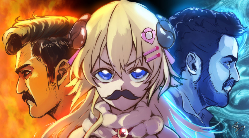 1girl 2boys alluri_sitarama_raju beard blonde_hair blue_eyes commentary crossover facial_hair fake_facial_hair fake_mustache fur_scarf hair_ornament hairclip highres hololive horns komaram_bheem looking_afar looking_ahead looking_at_viewer multiple_boys mustache profile qiandao_you rrr_(movie) serious sheep_horns signature straight-on tareme tsunomaki_watame v-shaped_eyebrows virtual_youtuber