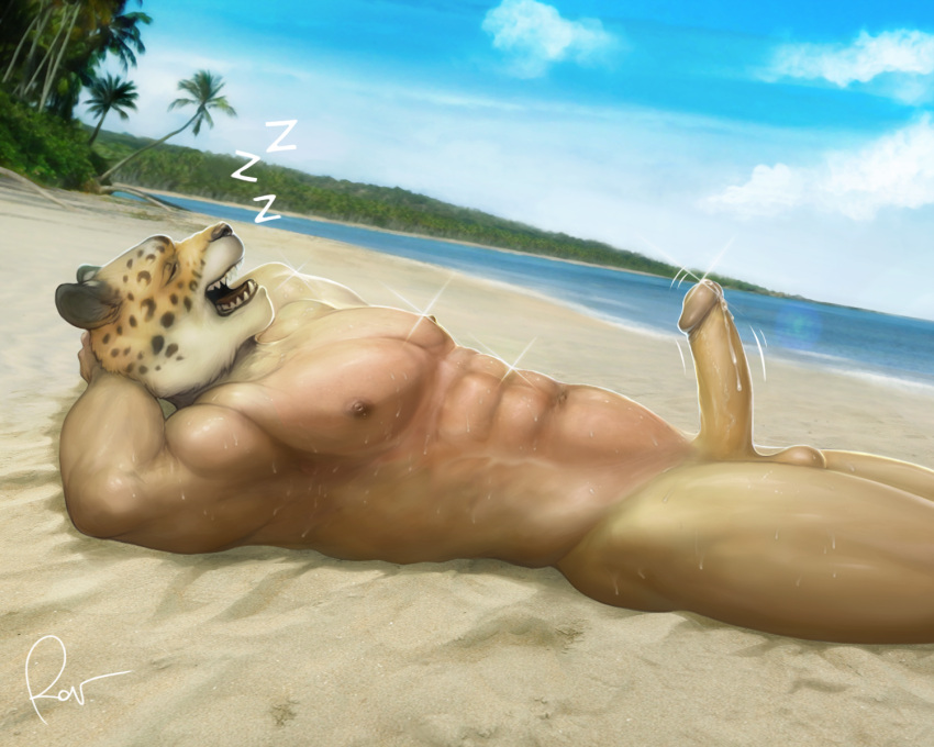 2023 abs animal_head anthro balls beach bodily_fluids cum eyes_closed felid for_a_head genital_fluids genitals hi_res jaguar king_(tekken) lying male mammal muscular muscular_male nipples nude on_back open_mouth outside pantherine pecs penis rov sand seaside sleeping solo tekken water