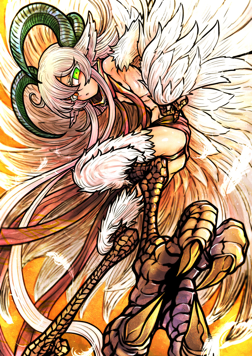 1girl absurdres animal_ears ass bird_ears bird_legs claws commentary_request commission feathered_wings feathers green_eyes harpy heterochromia highres horns long_hair looking_at_viewer monster_girl nazo_no_diaboro orange_background orange_eyes original panties skinny solo talons underwear white_feathers white_hair white_wings winged_arms wings yellow_panties