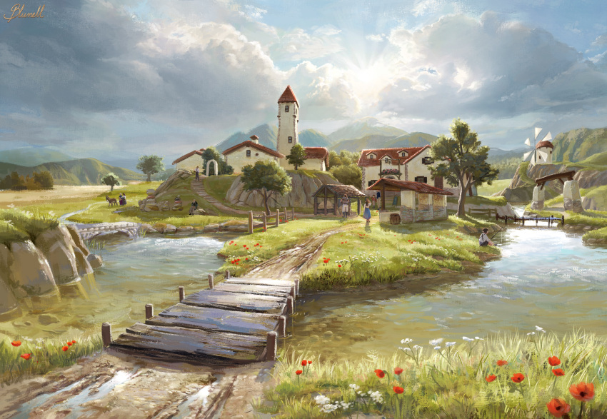 artist_name blunell_(artist) bridge building cloud commentary english_commentary european_architecture flower grass highres landscape nature original outdoors path red_flower river signature sky tree village water watermark white_flower windmill
