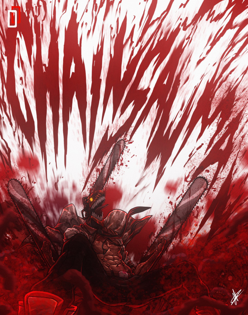 1boy artist_logo black_necktie blood blood_on_clothes blood_on_hands blood_on_weapon blood_splatter blood_spray chainsaw_man collared_shirt copyright_name daffduff denji_(chainsaw_man) facing_to_the_side highres muscular muscular_male necktie open_clothes open_mouth open_shirt red_theme sharp_teeth shirt solo teeth tongue tongue_out weapon white_shirt