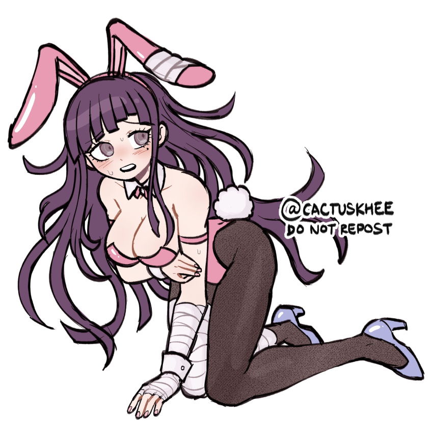 1girl all_fours animal_ears artist_name bandaged_arm bandaged_hand bandaged_leg bandages bare_shoulders blush breasts brown_eyes brown_pantyhose cleavage danganronpa_(series) danganronpa_2:_goodbye_despair detached_collar fake_animal_ears fake_tail highres khee large_breasts leotard long_hair mole mole_under_eye pantyhose pink_footwear pink_leotard purple_hair rabbit_ears rabbit_tail solo sweat tail teeth tsumiki_mikan