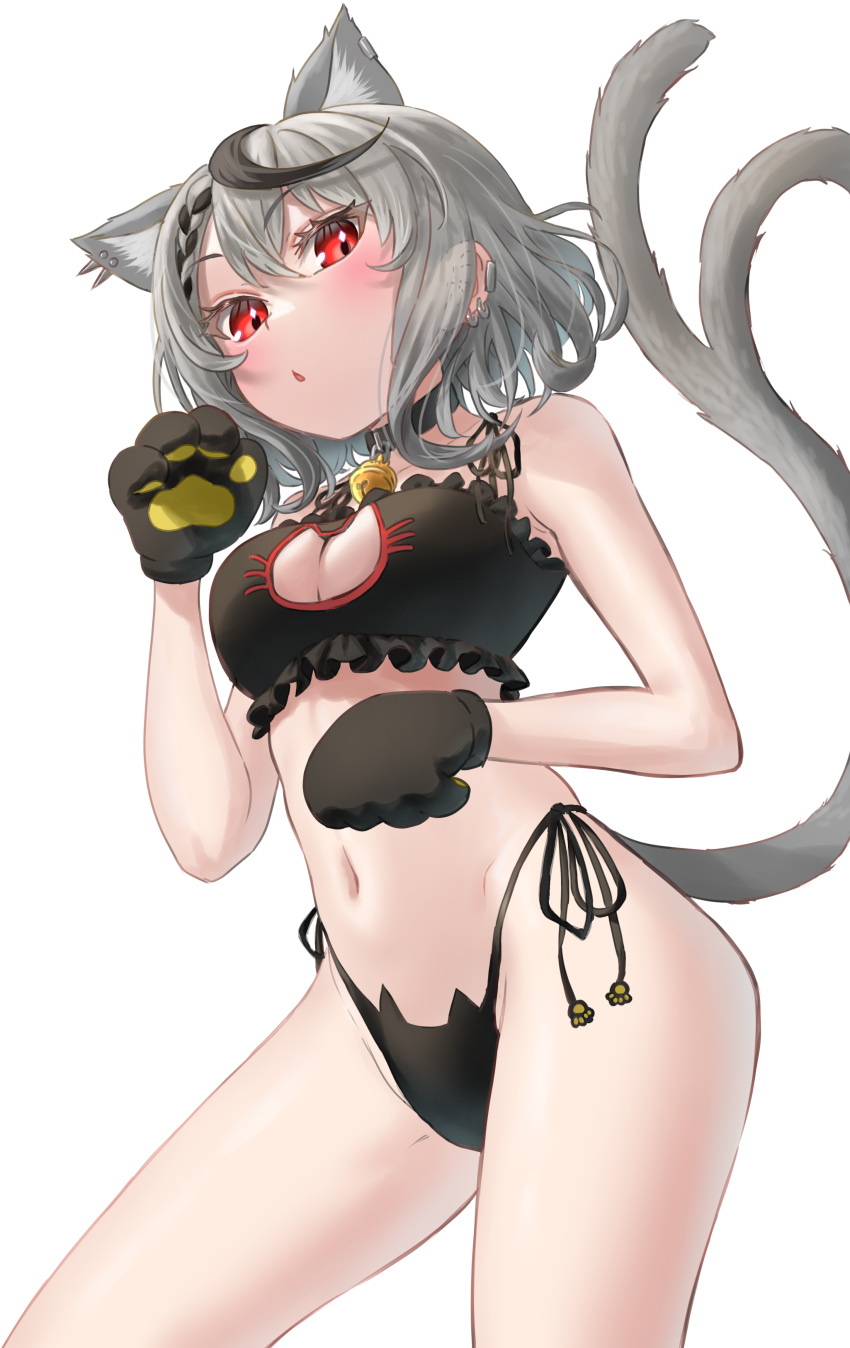 absurdres animal_ears animal_hands bell black_collar cat_cutout cat_day cat_ear_panties cat_ears cat_girl cat_lingerie cat_tail clothing_cutout collar ear_piercing gloves highres hololive holox landl meme_attire multicolored_hair navel neck_bell panties paw_gloves paw_pose piercing sakamata_chloe streaked_hair tail underwear