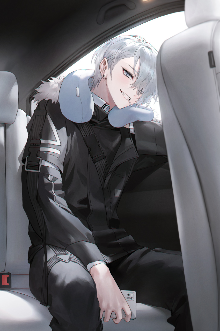 1boy absurdres bishounen black_jacket black_pants candy car_interior earrings food grey_eyes grin hair_over_one_eye highres holding holding_phone jacket jewelry leaning lollipop looking_at_viewer male_focus muaooooo neck_pillow original pants phone seatbelt short_hair sitting slit_pupils smile solo white_hair