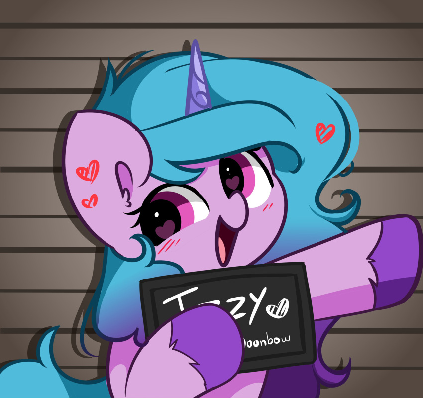 2023 absurd_res barbie_and_ken_mugshot_meme blue_hair blue_tail blush blush_lines body_writing digital_media_(artwork) equid equine female feral fetlocks fur hair happy hasbro hi_res holding_object hooves horn izzy_moonbow_(mlp) kittyrosie long_hair mammal meme mlp_g5 mugshot my_little_pony purple_body purple_eyes purple_fur purple_hooves smile tail unicorn unicorn_horn