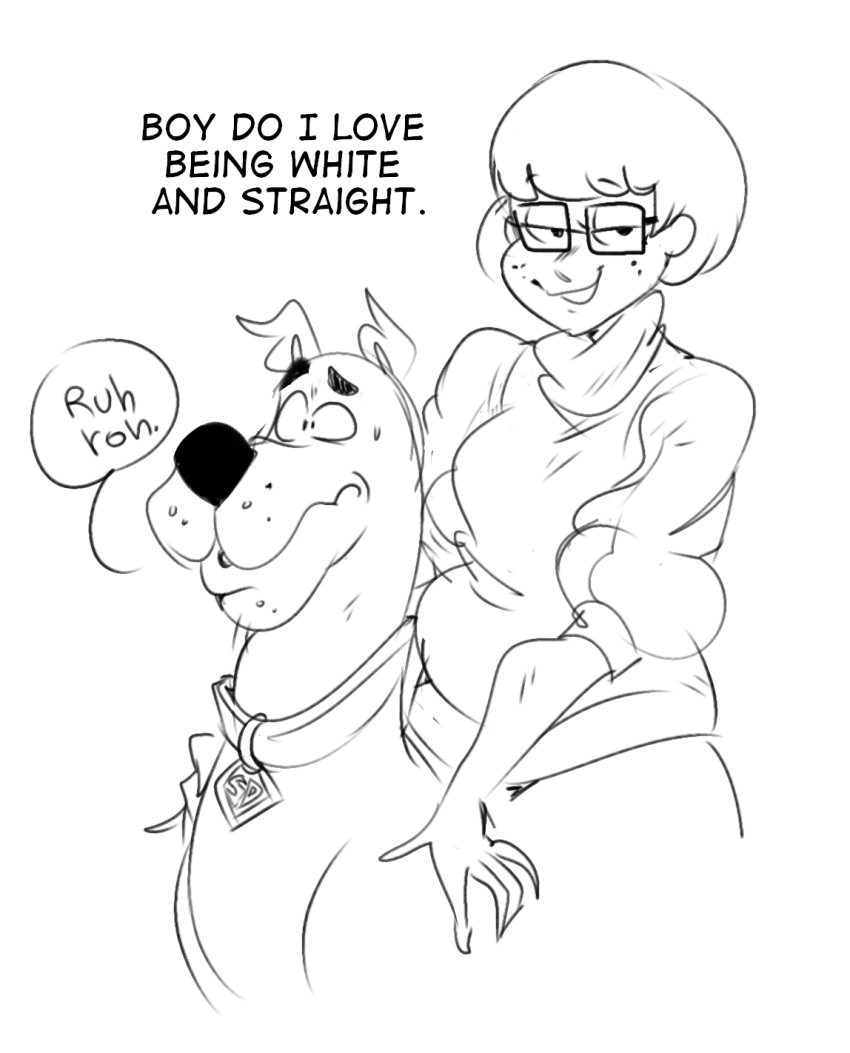 2022 black_and_white bodily_fluids canid canine canis clothing collar dialogue domestic_dog duo english_text eyewear female feral fingers freckles glasses great_dane hair hanna-barbera hi_res human looking_at_viewer male mammal mastiff mhdrawin molosser monochrome narrowed_eyes scooby-doo scooby-doo_(series) short_hair smile snout sweat sweater talking_to_viewer text topwear velma_dinkley