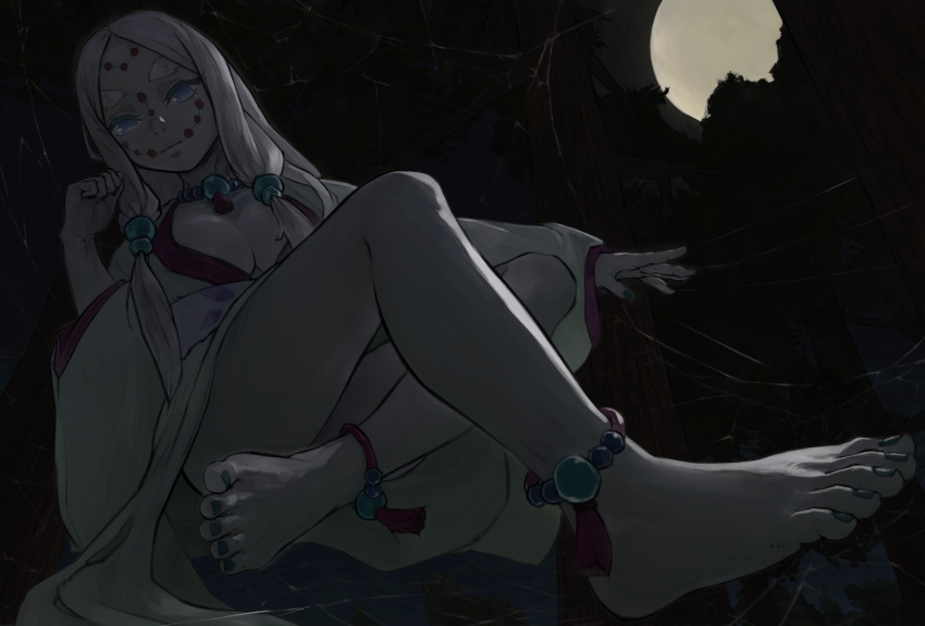 1girl absurdres anklet arthropod_girl barefoot beads breasts cleavage colored_skin facial_mark forehead_mark full_moon green_nails grey_eyes hair_beads hair_ornament highres japanese_clothes jewelry kimetsu_no_yaiba kimono large_breasts long_hair looking_at_viewer moon mother_spider_demon_(kimetsu_no_yaiba) night outdoors pale_skin pointy_bean silk solo spider_girl spider_web thick_eyebrows white_hair white_kimono white_skin