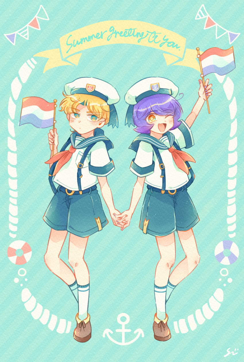 2boys :d aged_down anchor anchor_symbol arm_up artist_name belt blonde_hair blue_background blue_belt blue_bow blue_eyes blue_shorts bow brown_footwear char_aznable dot_mouth english_text flag full_body garma_zabi gundam hand_up hat hat_bow highres holding holding_flag holding_hands lifebuoy male_focus mobile_suit_gundam multicolored_eyes multiple_boys neckerchief one_eye_closed orange_eyes pennant purple_hair red_neckerchief sailor sailor_collar shiikura shirt shoes short_hair short_sleeves shorts signature simple_background smile socks standing string_of_flags striped striped_background suspenders white_shirt white_socks