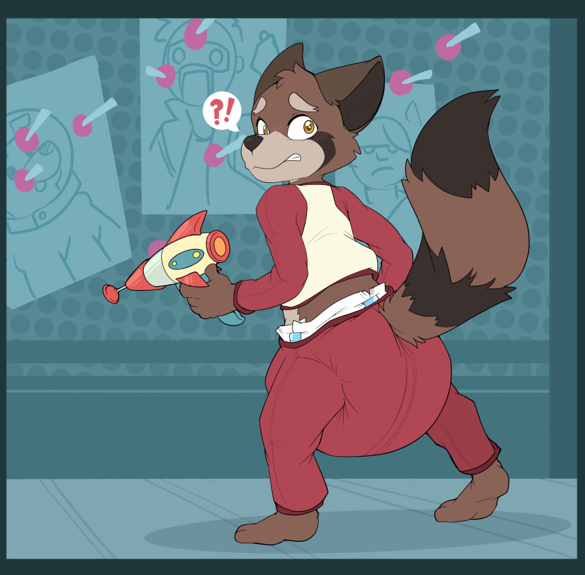 absurd_res anthro caught_off_guard clothed clothing cuddlehooves diaper diaper_fetish diaper_under_clothing embarrassed guardians_of_the_galaxy hasbro hi_res male mammal marvel marvel_cinematic_universe nerf_(toy) nerf_blaster pajamas procyonid raccoon ranged_weapon raygun rocket_raccoon solo toy toy_gun weapon wearing_diaper