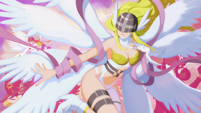 angel angel_wings angemon angewomon aquilamon asymmetrical_clothes bare_shoulders belt black_belt blonde_hair boots breasts cleavage closed_mouth clothing_cutout covered_eyes cowboy_shot detached_sleeves digimon digimon_(creature) dress feathered_wings fingernails floating_hair gloves green_sleeves hagoromo hand_on_own_chest hat helmet helmet_over_eyes high_heel_boots high_heels highres holding holding_staff ladydevimon lilimon long_hair medium_breasts multiple_wings navel navel_cutout o-ring o-ring_belt outstretched_arm pink_background pink_dress pink_nails plant rae_(hexedwithluck) shawl sidelocks skull smile solo_focus staff thigh_belt thigh_strap vines white_footwear white_gloves white_wings winged_helmet wings wizard_hat wizarmon wrist_wings