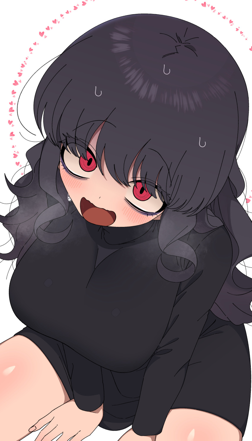 1girl bags_under_eyes black_dress black_hair blush breasts breath dress heart highres large_breasts looking_at_viewer looking_up nakta original red_eyes simple_background solo sweatdrop white_background