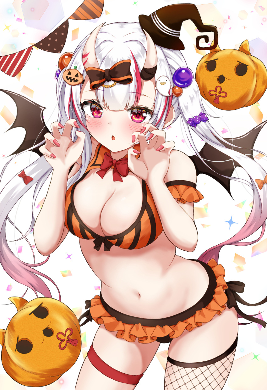 1girl absurdres bat_wings bikini bow bow_bikini breasts claw_pose fishnet_thighhighs fishnets food-themed_hair_ornament ghost_hair_ornament hair_ornament halloween_costume hat highres hololive horns medium_breasts mini_hat mini_witch_hat multicolored_hair nail_polish nakiri_ayame navel oni oni_horns orange_bikini pumpkin_hair_ornament red_eyes red_hair red_nails rinkaa_(lovelive765pro2) single_thighhigh streaked_hair swimsuit thigh_strap thighhighs twintails virtual_youtuber white_hair wings witch_hat
