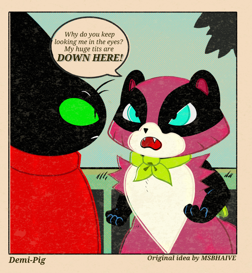 angry anthro canid canine cape cape_only cartoon_network clothing comic_panel confusion demi-pig_(artist) dialogue domestic_cat duo felid feline felis female hi_res male mammal mao_mao:_heroes_of_pure_heart mostly_nude on_model raccoon_dog sheriff_mao_mao_mao simple_background speech_bubble tanuki tanya_keys