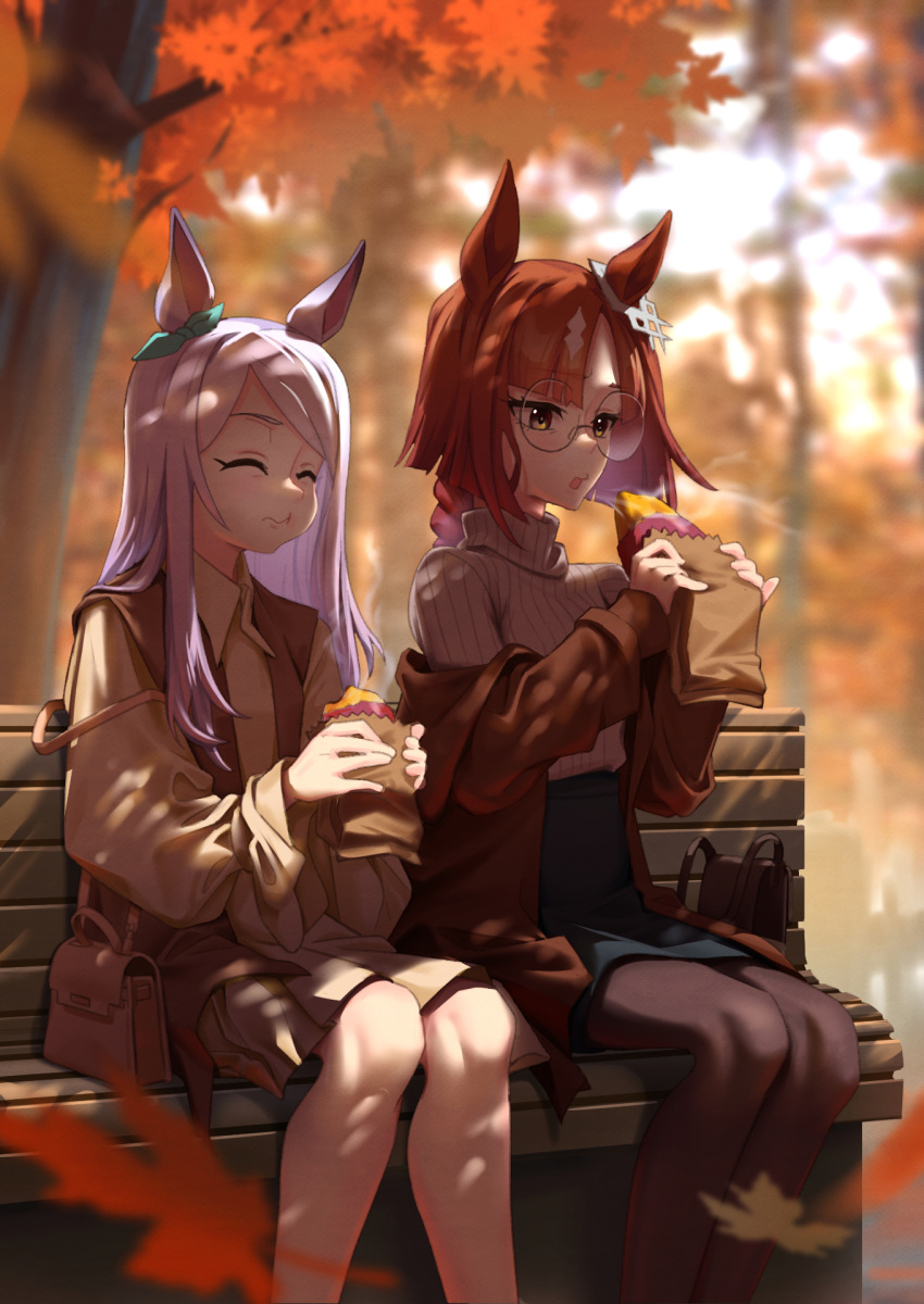 2girls alternate_costume animal_ears aqua_bow autumn_leaves bag black_pantyhose bow braid braided_ponytail brown_bag brown_eyes brown_hair brown_jacket brown_skirt brown_vest collared_shirt commentary_request ear_bow eating falling_leaves food glasses handbag highres holding holding_food horse_ears horse_girl ikuno_dictus_(umamusume) jacket jacket_partially_removed leaf long_hair long_sleeves mejiro_mcqueen_(umamusume) multicolored_hair multiple_girls on_bench open_clothes open_mouth open_vest outdoors pantyhose purple_hair ribbed_sweater roasted_sweet_potato round_eyewear shirt sinnra_art sitting sitting_on_bench skirt streaked_hair sweater sweet_potato turtleneck turtleneck_sweater umamusume vest white_hair wooden_bench