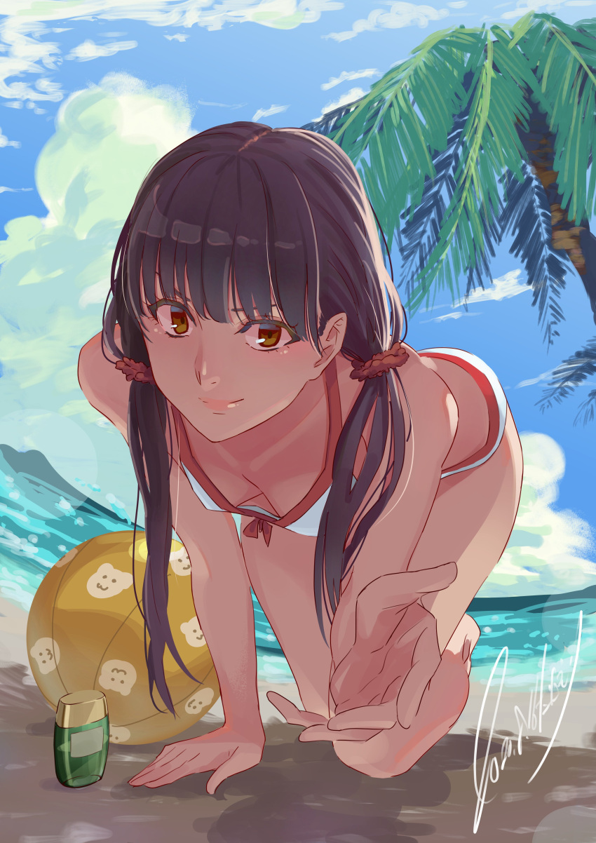 1girl absurdres all_fours amagami ayatsuji_tsukasa ball beach beachball bikini black_hair blue_sky breasts brown_eyes brown_hair cloud danieri day fisheye highres horizon long_hair looking_at_viewer ocean outdoors outstretched_hand palm_tree signature sky small_breasts smile solo swimsuit tree twintails white_bikini