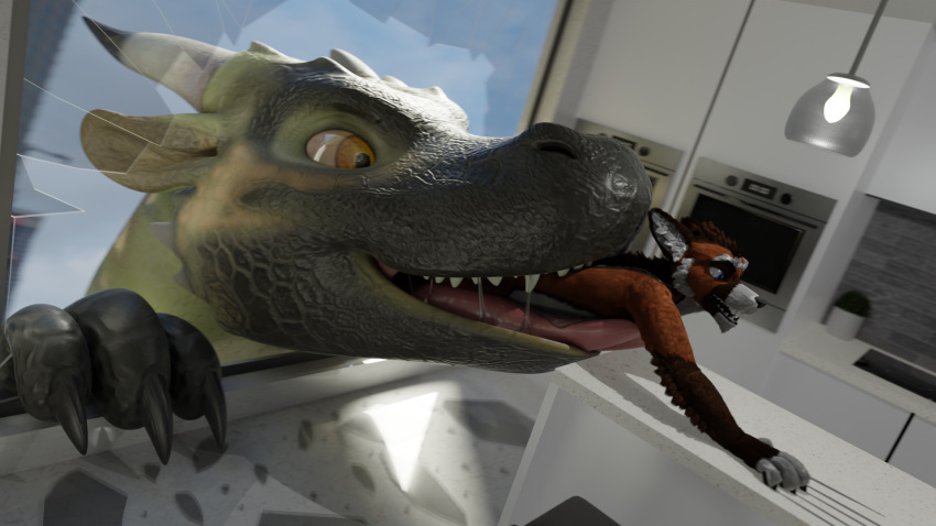16:9 anthro apartment canid canine canis city digital_media_(artwork) dragon duo forced fur hi_res macro male male/male mammal open_mouth oral_vore pred prey scalie size_difference soft_vore teeth tongue tycei vore widescreen wolf