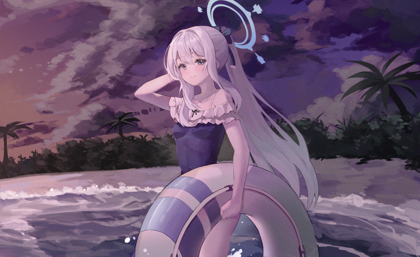 1girl absurdres arm_up beach blue_archive blue_bow blue_halo blue_one-piece_swimsuit blush bow breasts casual_one-piece_swimsuit closed_mouth cloud cloudy_sky commentary feet_out_of_frame frilled_one-piece_swimsuit frills grey_hair hair_bow halo highres holding holding_innertube innertube long_hair looking_ahead miyako_(blue_archive) miyako_(swimsuit)_(blue_archive) naseul_777 ocean off-shoulder_one-piece_swimsuit off_shoulder official_alternate_costume one-piece_swimsuit outdoors palm_tree ponytail sky small_breasts smile solo standing swimsuit tree two-tone_one-piece_swimsuit wading white_innertube