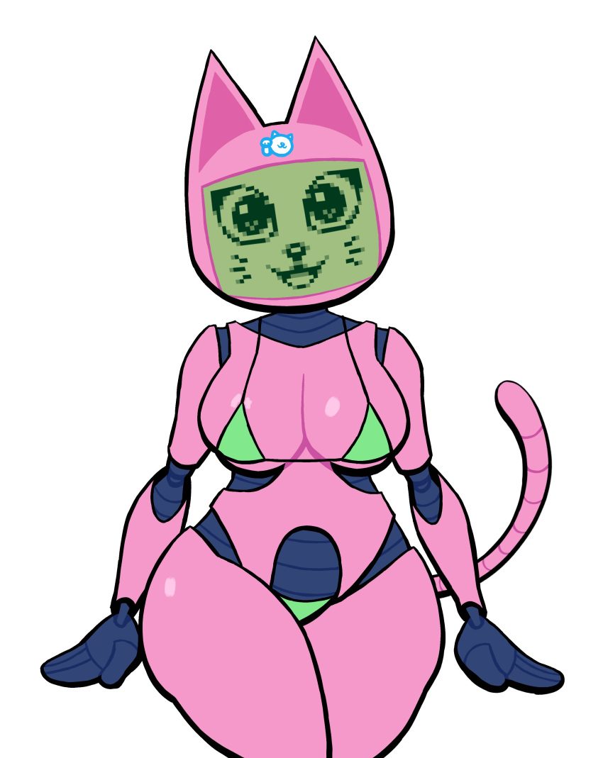 2023 absurd_res android animal_crossing anthro bikini breasts clothing domestic_cat felid feline felis female green_bikini green_clothing green_swimwear hi_res lovetopullmicke machine mammal meow-lingual meow_(animal_crossing) meowlingual nintendo pink_body robot screen screen_face simple_background skimpy_bikini solo swimwear white_background