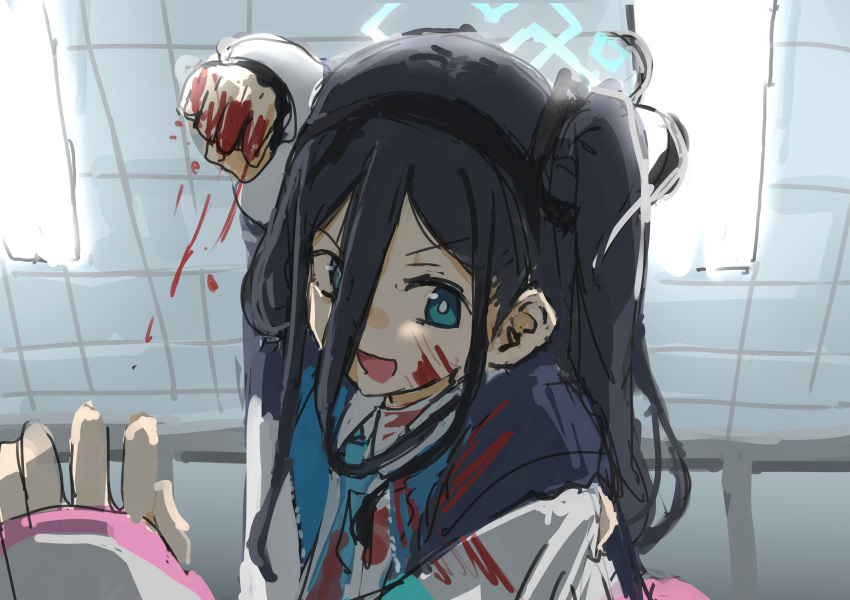 2girls absurdres aris_(blue_archive) black_hair black_hairband blood blood_on_clothes blood_on_face blood_on_hands blue_archive blue_eyes ceiling ceiling_light hair_between_eyes hairband halo highres hood hood_down incoming_attack incoming_punch long_hair long_sleeves looking_at_viewer mano_eglu momoi_(blue_archive) multiple_girls necktie one_side_up open_mouth punching sketch solo_focus