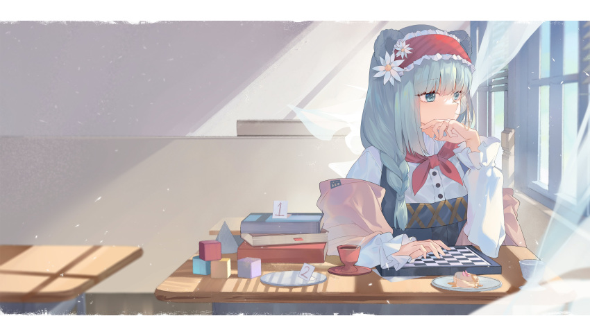 1girl absurdres animal_ears aqua_hair arknights bear_ears bear_girl blue_dress blue_eyes book book_stack chessboard commentary_request covering_mouth cup curtains daisy desk dress flower food frilled_headwear hair_flower hair_ornament hairband hand_up headband highres hongbaise_raw indoors istina_(arknights) istina_(bibliosmia)_(arknights) letterboxed looking_to_the_side mixed-language_commentary monocle neckerchief official_alternate_costume pancake pancake_stack plate red_hairband red_headband red_neckerchief sarafan saucer school_desk shawl shirt solo syrup teacup toy_block upper_body white_flower white_shirt whiteboard window