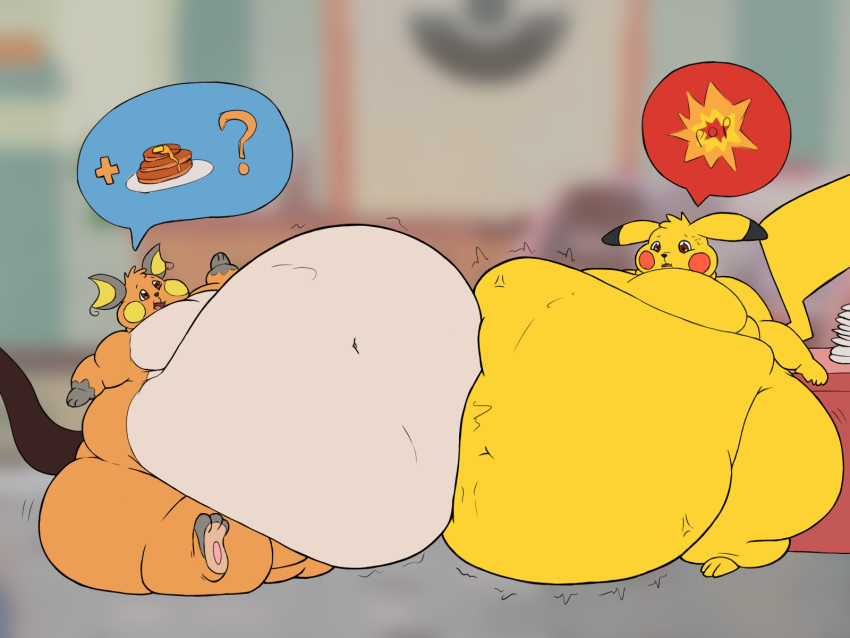 2023 4:3 alvro ambiguous_gender belly belly_expansion belly_squish belly_to_belly big_belly big_butt brown_tail butt cheek_bulge chubby_cheeks close_to_bursting digital_media_(artwork) duo expansion feral flat_colors furniture generation_1_pokemon grey_ears happy hi_res huge_butt hungry hyper hyper_belly implied_popping moobs morbidly_obese navel nintendo obese open_mouth orange_body overweight pikachu plate pokemon pokemon_(species) raichu red_cheeks rumbling_stomach sitting slightly_chubby speech_bubble squish table tail weight_gain worried yellow_body yellow_cheeks yellow_ears yellow_tail