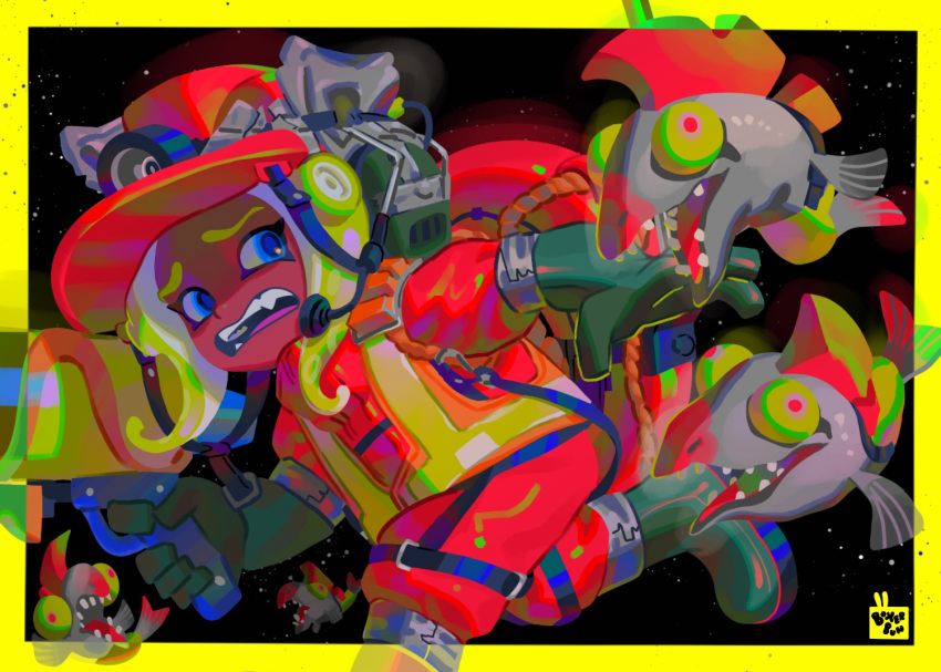 1girl aquiboni black_background blonde_hair blue_eyes boots border dark-skinned_female dark_skin gloves green_footwear green_gloves gun high-visibility_vest holding holding_gun holding_weapon jumpsuit octoling octoling_girl open_mouth orange_jumpsuit rubber_boots rubber_gloves running salmon_run_(splatoon) salmonid splatoon_(series) teeth tentacle_hair weapon yellow_border