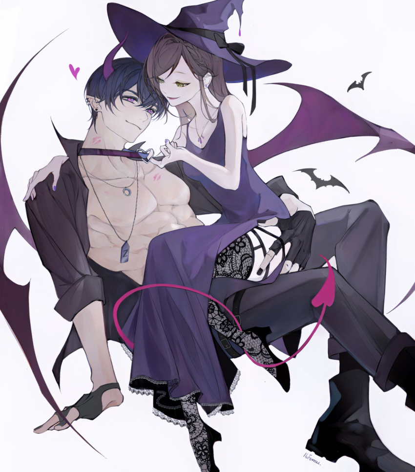 1boy 1girl abs bat_(animal) black_footwear black_gloves black_hair black_nails black_shirt black_thighhighs boots braid brown_hair choker crown_braid demon_boy demon_horns demon_tail demon_wings dog_tags dress ear_piercing feernze19 full_body garter_straps gloves green_eyes hair_between_eyes hand_on_another's_ass hat heart heart_choker hetero highres horns jewelry lipstick_mark long_dress long_hair looking_at_another marius_von_hagen_(tears_of_themis) muscular muscular_male necklace official_alternate_costume open_clothes partially_fingerless_gloves pectorals piercing pink_eyes pointy_ears purple_dress rosa_(tears_of_themis) shirt short_hair simple_background single_braid sitting sitting_on_person sleeves_rolled_up smile tail tears_of_themis thigh_strap thighhighs white_background wings witch witch_hat