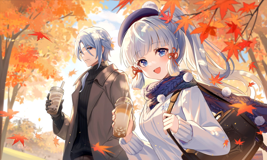 1boy 1girl :d absurdres alternate_costume autumn autumn_leaves bag beret black_bag black_gloves black_sweater blue_eyes blue_hair blue_headwear blue_scarf blunt_bangs blunt_tresses brother_and_sister brown_coat closed_mouth cloud coat commentary_request cup disposable_cup drink drinking_straw falling_leaves genshin_impact gloves hat highres holding holding_cup kamisato_ayaka kamisato_ayato lalazyt leaf light_blue_hair long_hair long_sleeves looking_at_viewer mole mole_under_eye open_mouth orange_theme ponytail scarf shoulder_bag siblings smile sweater tree upper_body white_sweater