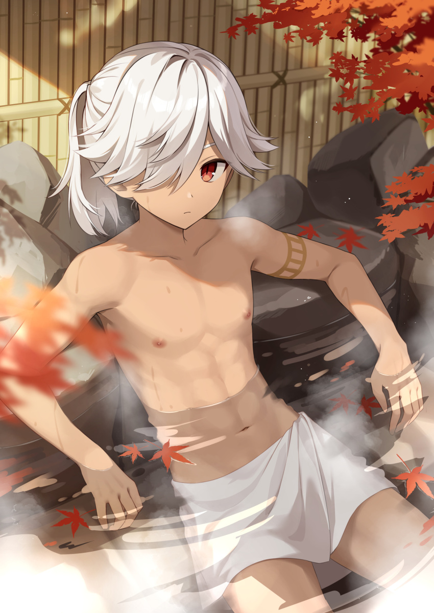 1boy arm_tattoo closed_mouth cyno_(genshin_impact) dark-skinned_male dark_skin genshin_impact hair_over_one_eye highres iroiro_0w0 leaf long_hair looking_at_viewer male_focus maple_leaf muscular muscular_male navel nipples onsen ponytail red_eyes solo stomach tattoo topless_male towel_around_waist water white_hair