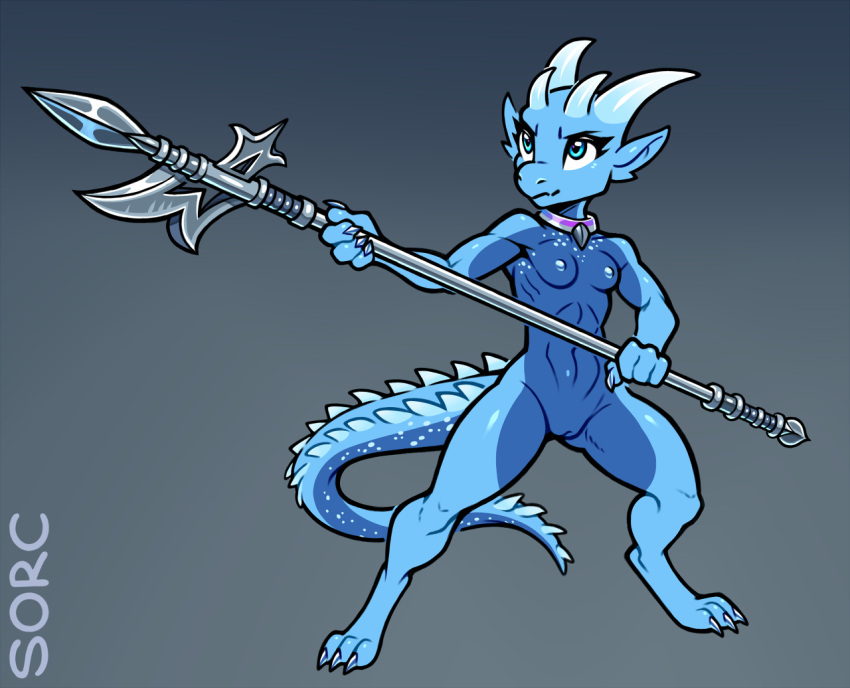 alae anthro breasts collar female genitals kobold long_tail melee_weapon nipples non-mammal_breasts paladin polearm pussy scalie small_breasts solo sorc tail weapon
