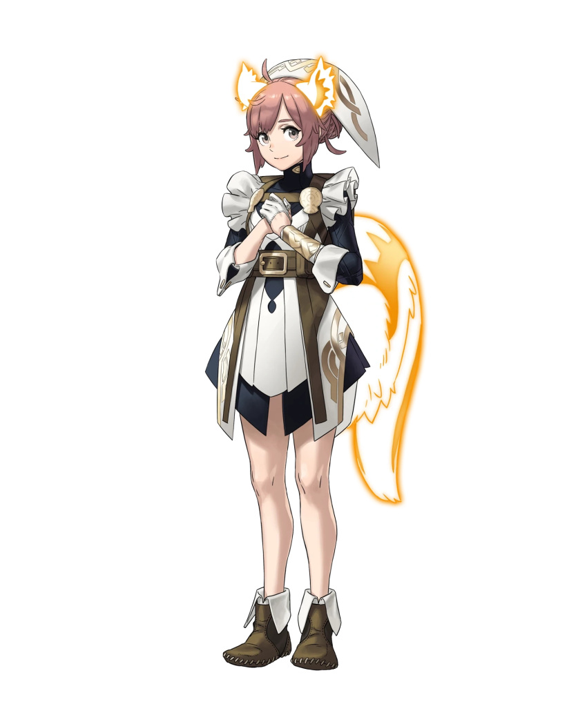 1girl animal_ears ankle_boots boots bracelet brown_eyes brown_hair closed_mouth dress fire_emblem fire_emblem_heroes frills full_body gloves gold_trim hair_bun hands_up highres jewelry kozaki_yuusuke light_smile long_sleeves looking_at_viewer non-web_source official_art own_hands_together ratatoskr_(fire_emblem) short_dress solo squirrel_ears squirrel_tail standing tail transparent_background turtleneck white_gloves