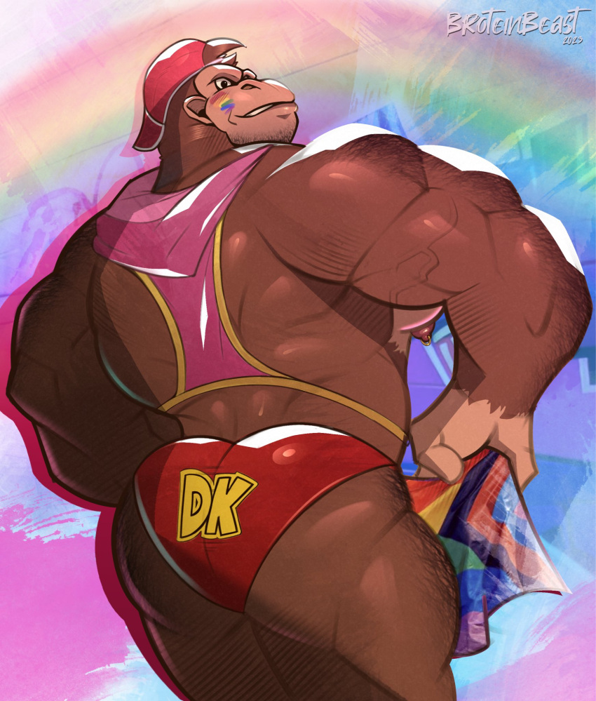 2023 abstract_background anthro ape back_muscles backwards_baseball_cap backwards_hat barazoku baseball_cap big_butt big_muscles bodypaint bubble_butt butt clothing donkey_kong_(character) donkey_kong_(series) face_paint flag fur gorilla haplorhine hat headgear headwear hi_res holding_object hood huge_muscles kristof-wulf lgbt_pride logo male mammal muscular muscular_anthro muscular_male nintendo nipple_piercing nipple_ring nipples pecs piercing pride_color_flag pride_colors primate progress_pride_colors rainbow rainbow_pride_colors rear_view ring_piercing shirt signature simple_background smile solo speedo standing swimwear tank_top thick_thighs topwear triceps tuft vein