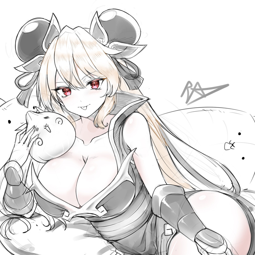 1girl arm_armor armor ass blush breasts brown_hair cat_(nyanko_daisensou) china_dress chinese_clothes dress dumpling food gloves highres holding holding_food large_breasts long_hair looking_at_viewer nyanko_daisensou pai-pai_(nyanko_daisensou) red_eyes signature tongue tongue_out user_ktrx7538