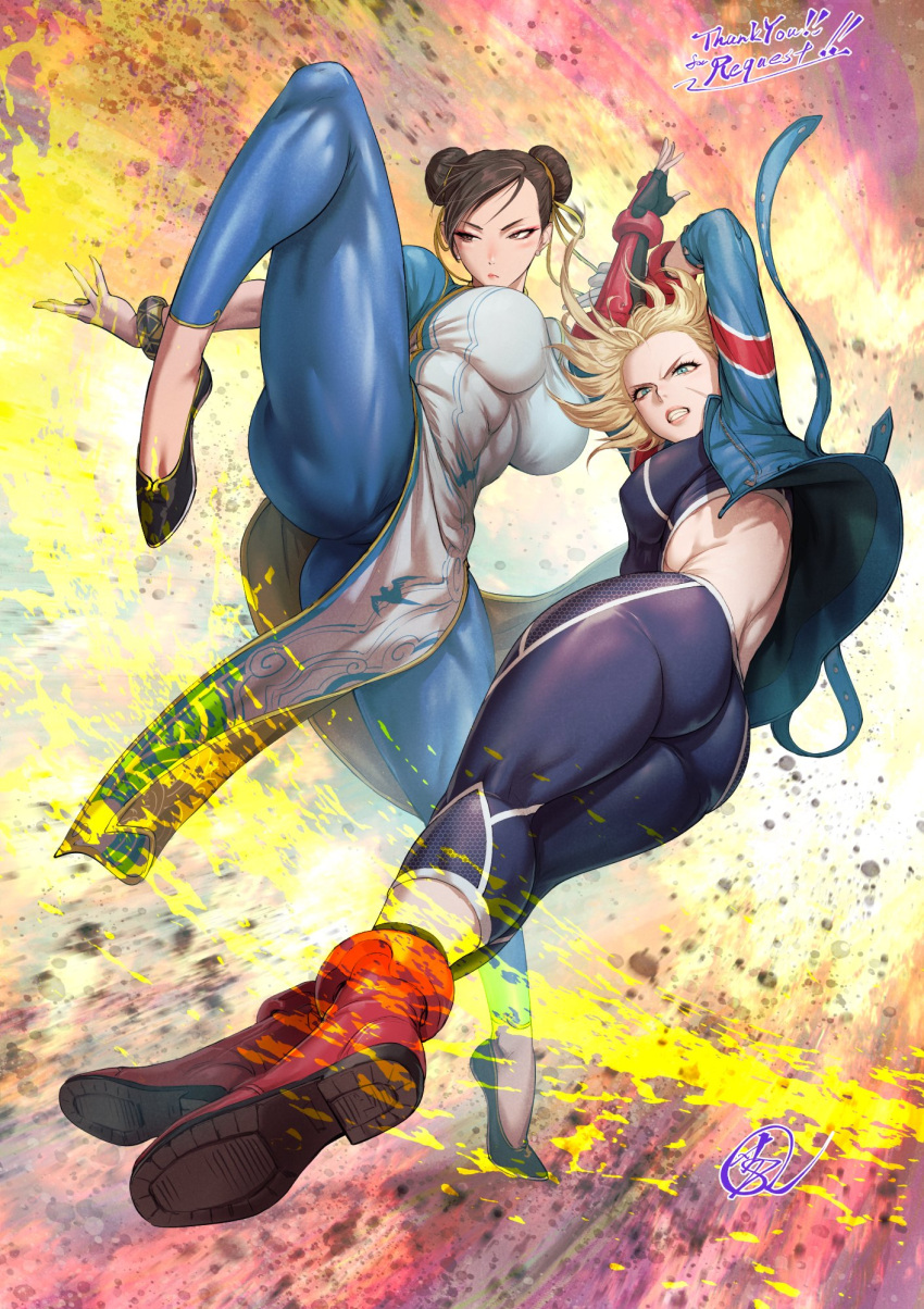 2girls artist_name ass blonde_hair blue_eyes blue_pants boots bracelet breasts brown_eyes brown_hair cammy_white china_dress chinese_clothes chun-li clenched_teeth closed_mouth commentary_request commission crop_top double_bun dress earrings fighting_stance fingerless_gloves fujii_eishun full_body gloves hair_bun highres jacket jewelry large_breasts leg_up lips long_sleeves makeup midriff multiple_girls open_clothes open_jacket pants parted_lips pelvic_curtain red_footwear scar scar_on_face signature simple_background skeb_commission skin_tight street_fighter street_fighter_6 tank_top teeth yoga_pants