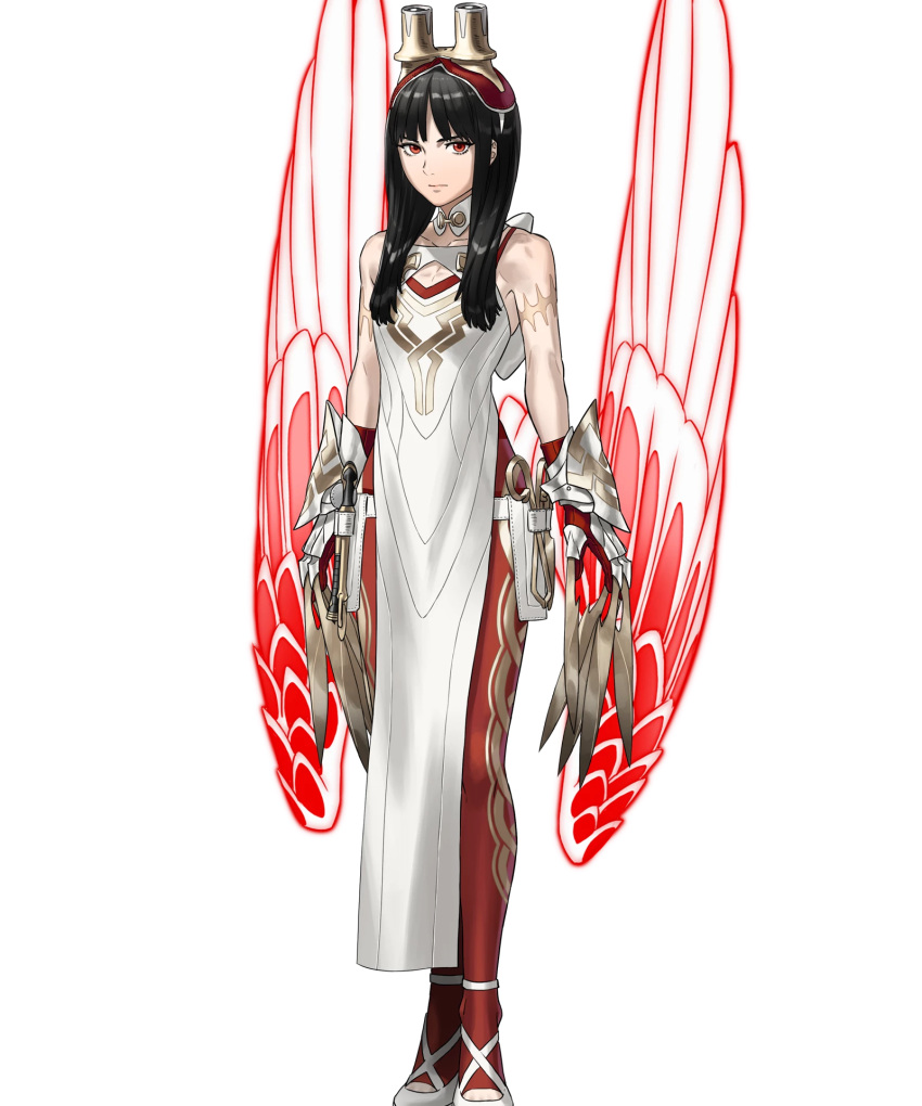 1girl bare_shoulders black_hair feathered_wings fire_emblem fire_emblem_heroes gloves glowing glowing_wings highres hraesvelgr_(fire_emblem) leggings long_hair looking_at_viewer non-web_source red_eyes red_gloves red_leggings red_wings scar solo wings