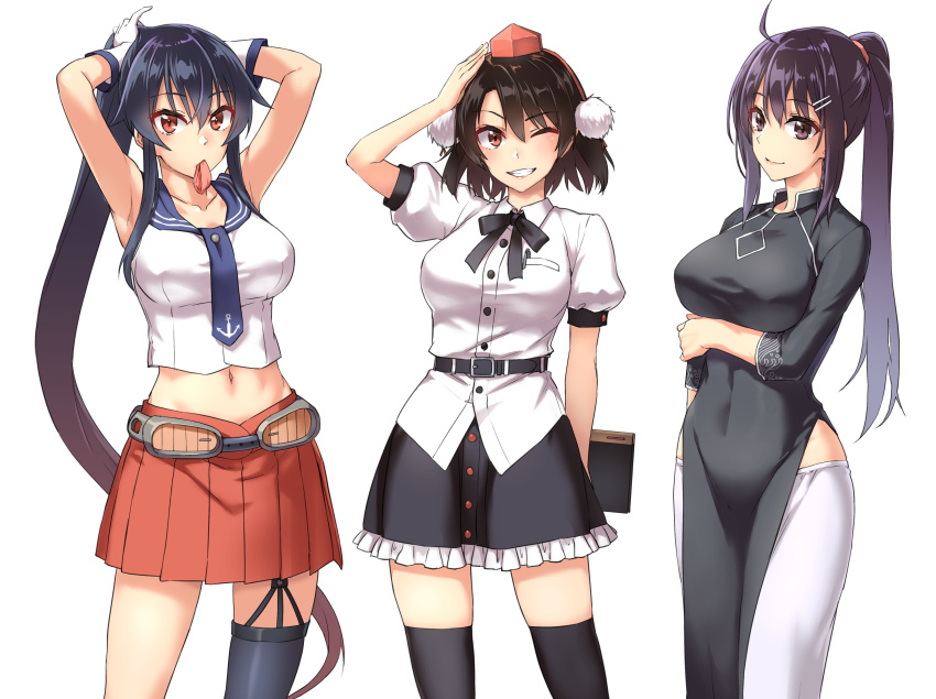 3girls abo_(hechouchou) absurdres adjusting_hair arms_up black_dress black_hair black_skirt black_thighhighs breasts china_dress chinese_clothes closed_mouth commission crossover dress frilled_skirt frills gloves grin hair_between_eyes hair_ornament hair_tie_in_mouth hairclip hat highres holding kantai_collection large_breasts long_hair looking_at_viewer medium_breasts mouth_hold multiple_girls navel one_eye_closed original pom_pom_(clothes) ponytail purple_hair red_eyes red_skirt sailor_collar shameimaru_aya shirt short_hair short_sleeves simple_background single_thighhigh skeb_commission skirt sleeveless smile thighhighs tokin_hat touhou very_long_hair white_background white_gloves yahagi_(kancolle)