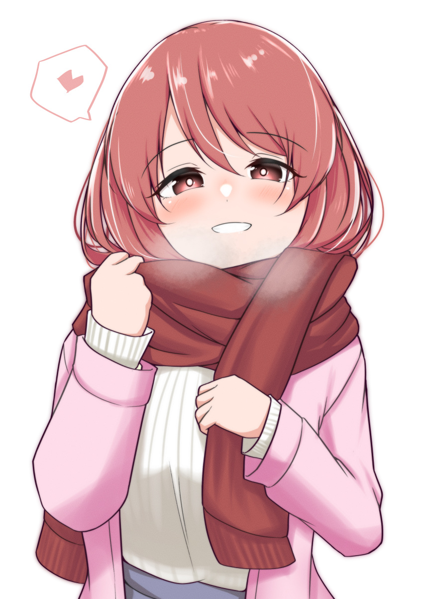 1girl absurdres adjusting_scarf blush breath bright_pupils brown_eyes brown_hair enpera grin heart highres idolmaster idolmaster_cinderella_girls jacket long_sleeves looking_at_viewer mifune_miyu motodouryou open_clothes open_jacket pink_jacket red_scarf scarf simple_background smile solo spoken_heart sweater upper_body white_background white_pupils white_sweater