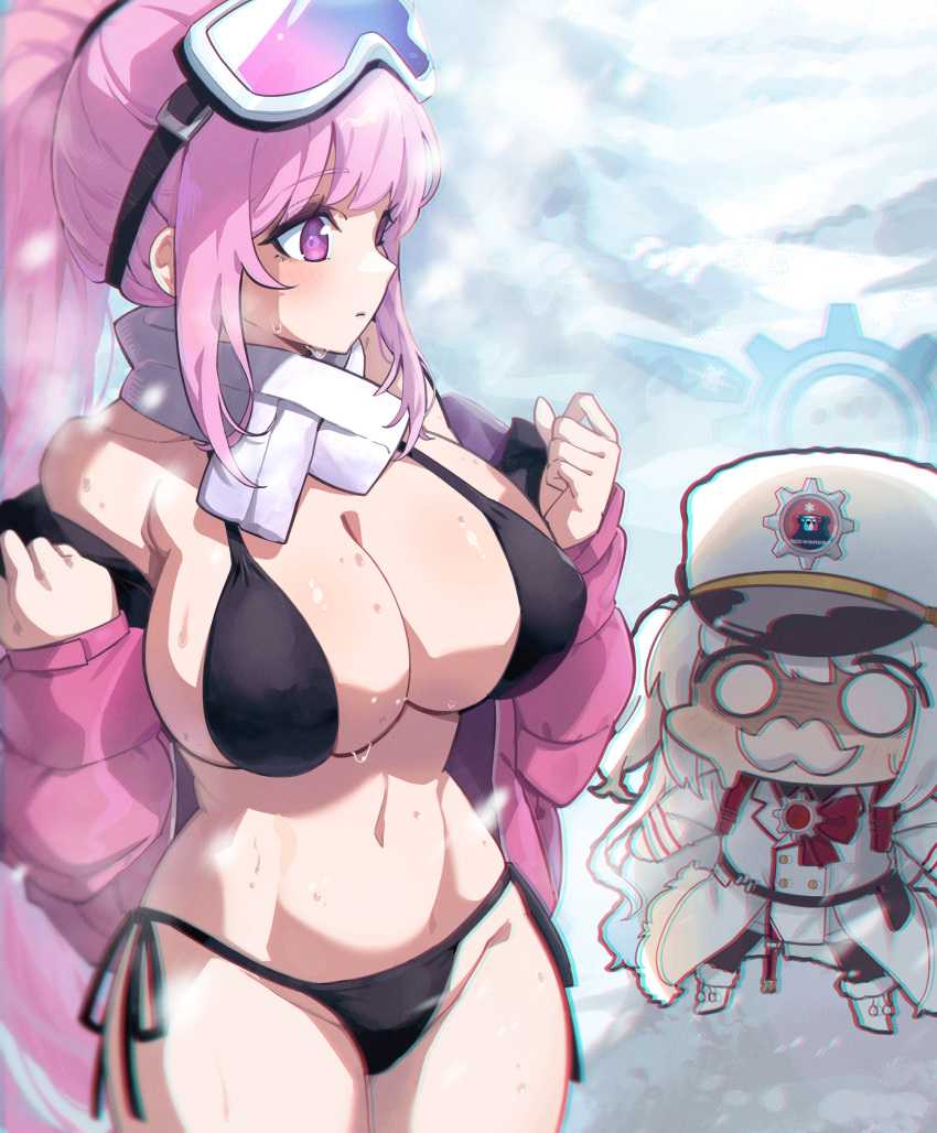 2girls 2ta2ta absurdres bikini blue_archive blue_halo breasts cherino_(blue_archive) cleavage coat eimi_(blue_archive) eimi_(swimsuit)_(blue_archive) fake_facial_hair fake_mustache fur_hat goggles goggles_on_head halo hat highres jacket large_breasts long_hair long_sleeves multiple_girls navel official_alternate_costume open_clothes open_jacket pink_eyes pink_hair pink_jacket ponytail shaded_face sweat swimsuit two_side_up ushanka white_bikini white_coat white_hair white_headwear