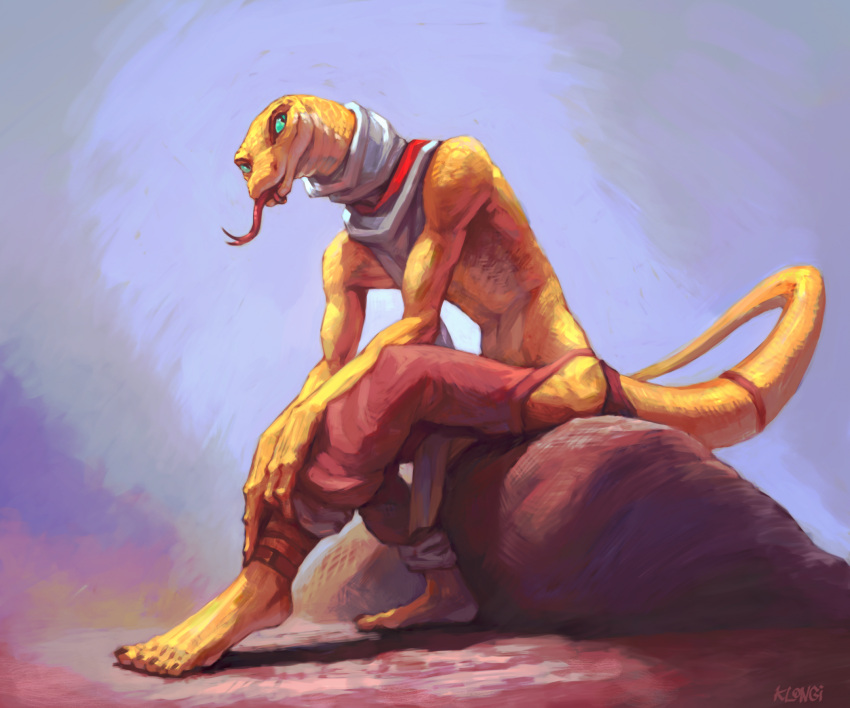 anthro bottomwear clothed clothing forked_tongue hi_res klongi long_neck male pants partially_clothed reptile scales scalie scard shirtless sitting slim snake solo tail tongue tongue_out yellow_body yellow_scales