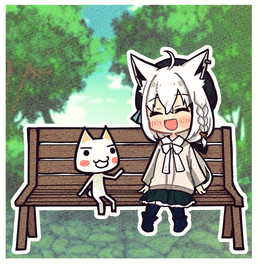 1girl 1other :d animal_ear_piercing animal_ears bench beret black_headwear black_pantyhose black_ribbon boots bow bowtie braid cat chibi closed_eyes commentary_request doko_demo_issho double-parted_bangs fox_ears fox_girl fox_tail frilled_skirt frills green_skirt grey_shirt hair_between_eyes hair_ribbon hat highres hololive inoue_toro long_hair long_sleeves low_ponytail mayuko_(mayumaaaaaro) official_alternate_costume official_alternate_hairstyle open_mouth outdoors pantyhose park park_bench pentagram ribbon shirakami_fubuki shirakami_fubuki_(3rd_costume) shirt side_braid sitting sitting_on_bench skirt smile tail virtual_youtuber white_bow white_bowtie white_hair wide_sleeves