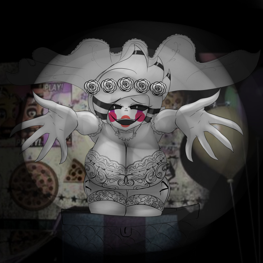 2023 absurd_res animatronic big_breasts black_eyes breasts cleavage clothed clothing clown_makeup dress female five_nights_at_freddy's five_nights_at_freddy's_2 flashlight fredina's_nightclub hair hi_res huge_breasts humanoid legwear living_puppet machine marie_(cally3d) marionette_(fnaf) not_furry pupils reaching_towards_viewer renv robot scottgames signature smile smiling_at_viewer solo thick_thighs thigh_highs wedding_dress wedding_veil white_body white_hair white_pupils