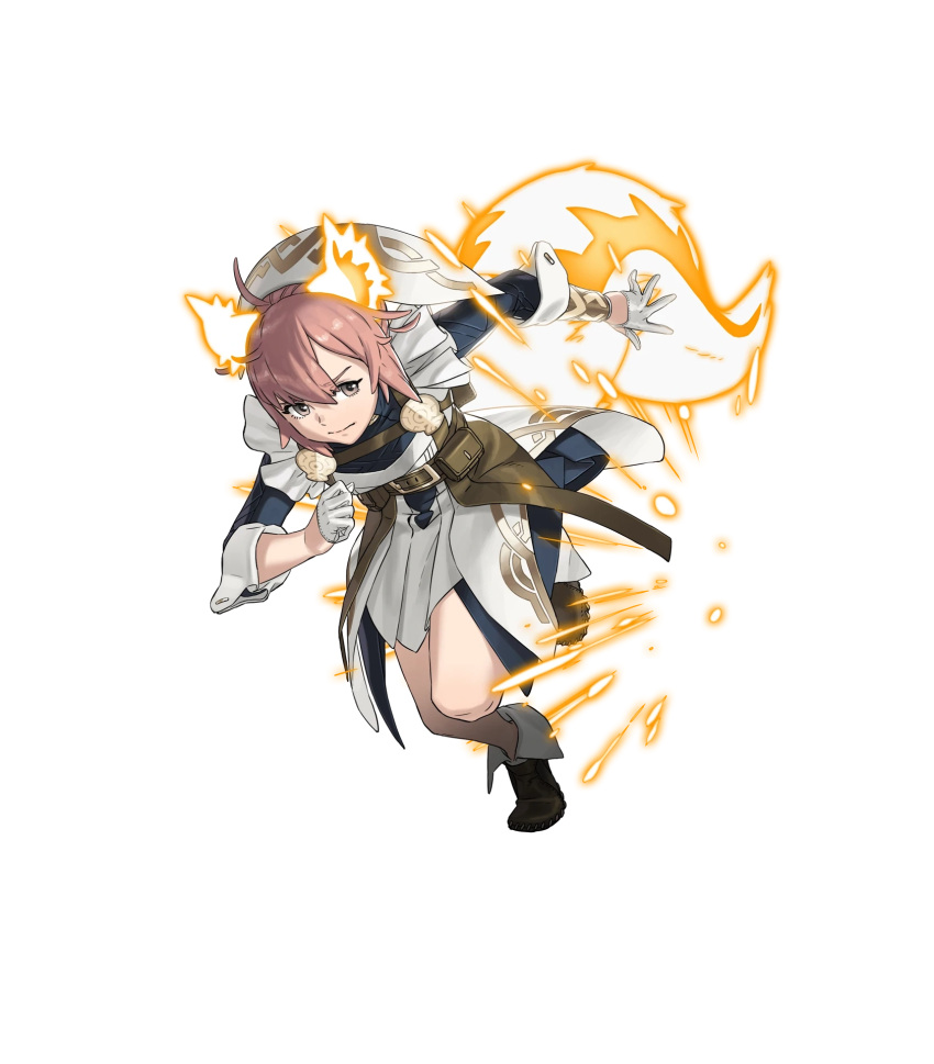 1girl ahoge animal_ears ankle_boots belt_pouch boots brown_eyes brown_hair clenched_hand closed_mouth dress fire_emblem fire_emblem_heroes frills full_body gloves gold_trim hand_on_own_chest highres kozaki_yuusuke leg_up long_sleeves non-web_source official_art pouch ratatoskr_(fire_emblem) serious short_dress skirt solo squirrel_ears squirrel_tail tail transparent_background white_gloves