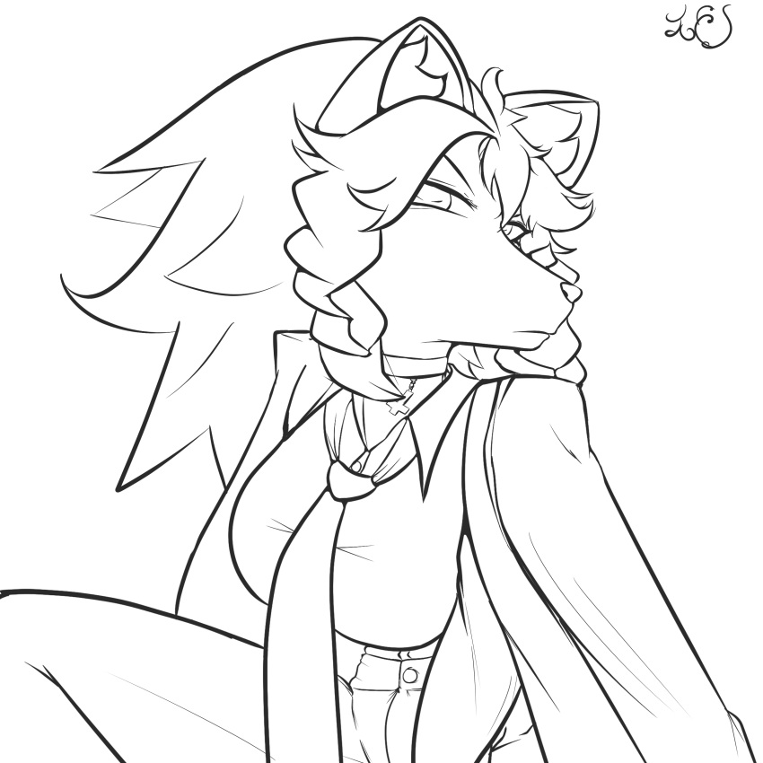 2023 absurd_res anthro big_breasts black_and_white braided_hair breasts canid canine canis female formal_wear frown hair hi_res inner_ear_fluff line_art looking_at_viewer mammal monochrome necktie renv signature solo tuft wolf