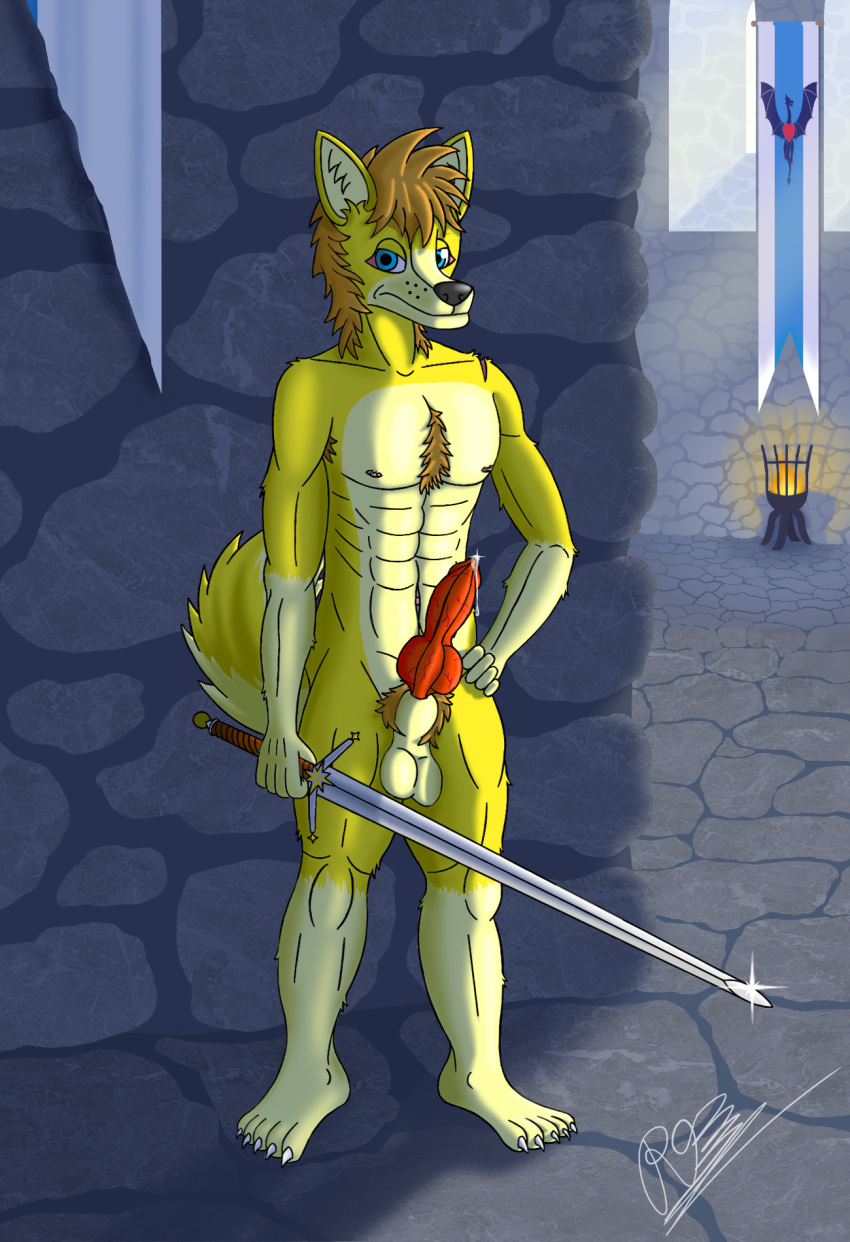 2023 5_fingers 5_toes abs animal_genitalia animal_penis anthro arm_tuft armpit_hair balls banner black_nose blue_eyes bodily_fluids body_hair brazier canid canine canine_genitalia canine_penis canis chest_hair claws collarbone countershade_tail countershade_torso countershading dialogue_in_description dripping erection eyebrows facial_markings feet fingers fire fox fur genital_fluids genitals glint gloves_(marking) hair hand_on_hip head_markings hi_res holding_object holding_sword holding_weapon hybrid inside knot leg_markings leg_tuft light light_beam looking_at_viewer male mammal markings melee_weapon muscular muscular_anthro muscular_male muzzle_(marking) navel nipples nude orange_eyebrows orange_hair orange_pubes pecs penis pink_nipples plantigrade precum precum_drip pubes raised_eyebrow red_penis reiver93 reiver_valentine serratus shadow sheath shoulder_scar shoulder_tuft signature snout snout_markings socks_(marking) solo standing stone_floor stone_wall sunbeam sunlight sword tail tan_balls tan_body tan_fur tan_inner_ear tan_sheath toes tuft vein veiny_penis wall_(structure) weapon whisker_spots white_claws window wolf yellow_body yellow_fur