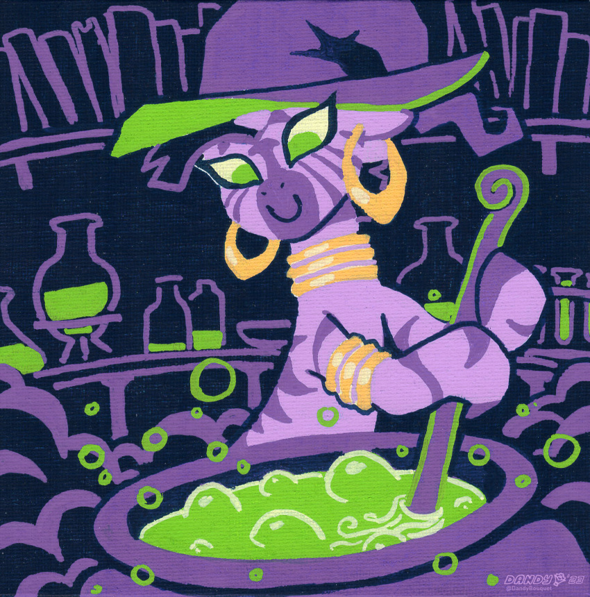 beaker bottle bracelet cauldron clothing container dandy_(artist) ear_piercing equid equine friendship_is_magic green_eyes green_theme hasbro hat headgear headwear hi_res jewelry laboratory_equipment laboratory_glassware mammal my_little_pony neck_ring piercing purple_theme scientific_instrument smile stirring stripes test_tube traditional_media_(artwork) witch_hat zebra zecora_(mlp)