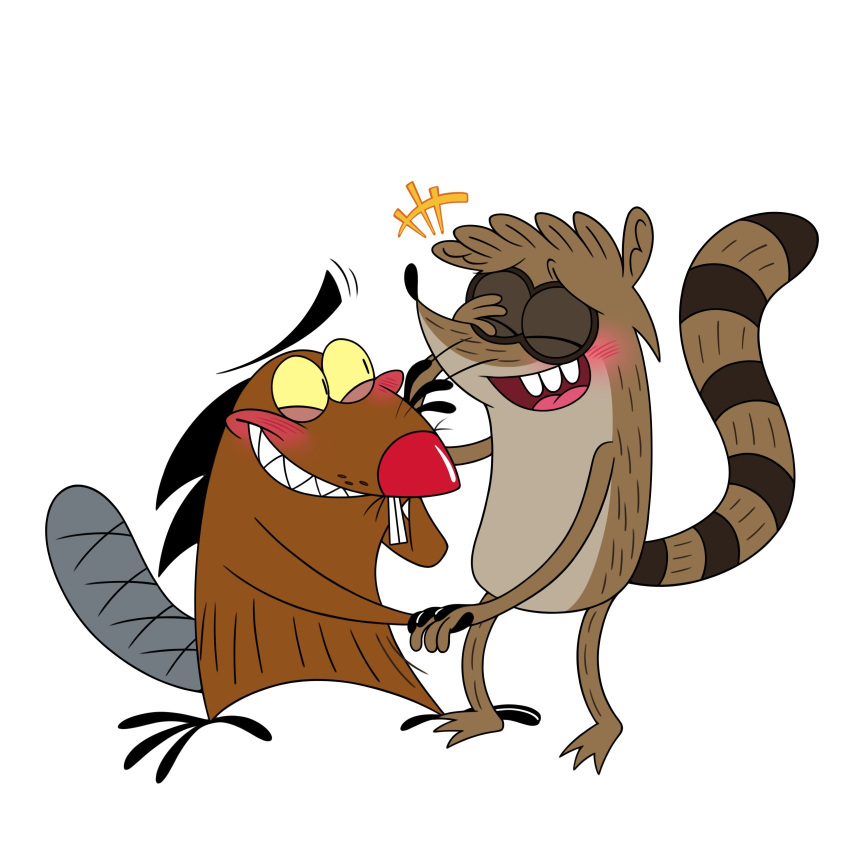 2023 8-bit-britt anthro beaver beaver_tail black_eyes black_nose blush blush_lines brown_body brown_ears brown_fur brown_hair brown_tail buckteeth cartoon_network daggett_beaver digital_media_(artwork) duo eyes_closed fur grey_tail hair hand_holding hand_on_face happy hi_res looking_at_another male male/male mammal multicolored_body multicolored_fur nickelodeon procyonid raccoon red_nose regular_show rigby_(regular_show) rodent sharp_teeth simple_background smile standing tail teeth the_angry_beavers tongue two_tone_body two_tone_fur two_tone_tail white_background yellow_sclera