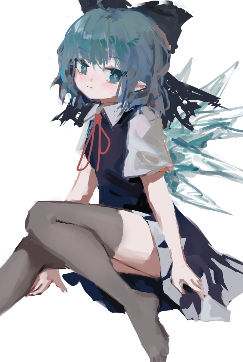 1girl blue_bow blue_dress blue_eyes blue_hair bow cirno collared_shirt dress foot_out_of_frame grey_thighhighs hair_bow highres ice ice_wings knees_together_feet_apart looking_at_viewer medium_hair neck_ribbon no_shoes pinafore_dress pointy_ears red_ribbon reddizen ribbon shirt short_sleeves simple_background sleeveless sleeveless_dress solo thighhighs touhou white_background white_shirt wings