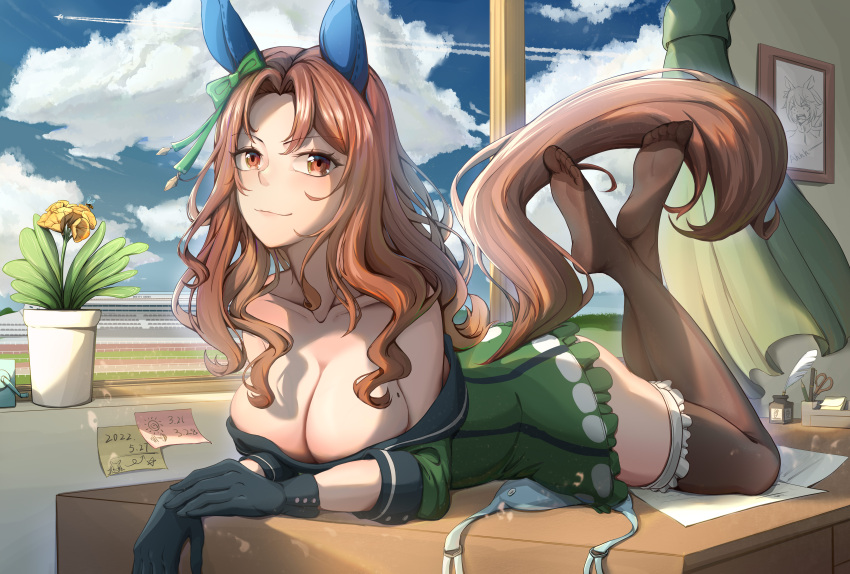 1girl absurdres animal_ears black_gloves black_thighhighs blush bow bra breasts brown_eyes brown_hair closed_mouth commentary_request condom condom_in_mouth condom_wrapper crossed_legs day desk dress ear_bow ear_covers feet feet_up full_body gloves green_bow heart heart-shaped_pupils highres horse_ears horse_girl horse_tail indoors king_halo_(umamusume) large_breasts legs light_smile long_hair long_sleeves looking_at_viewer lying mole mole_on_breast mouth_hold no_shoes off_shoulder on_desk on_stomach qiyedefeishazhanji soles solo symbol-shaped_pupils tail the_pose thigh_strap thighhighs toes umamusume underwear unworn_bra window